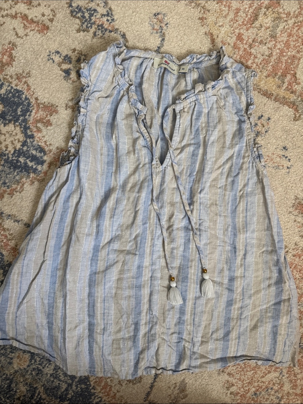 Vineyard Vines Light Blue and White Striped Sleeveless Ruffle Top